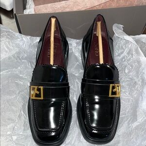 ❤️Franco Sarto Glossy Black Mules with Gold Buckle